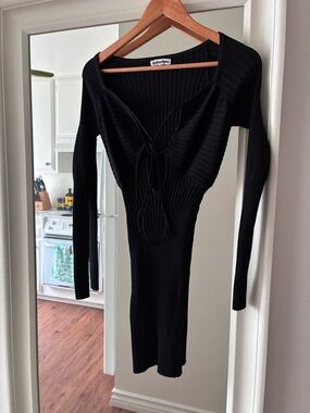 Solid&Stripped Black Ribbed Tie-Front Long Sleeve Dress